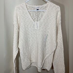 Women's Cotton V-Neck Cream Knit Sweater Sz M